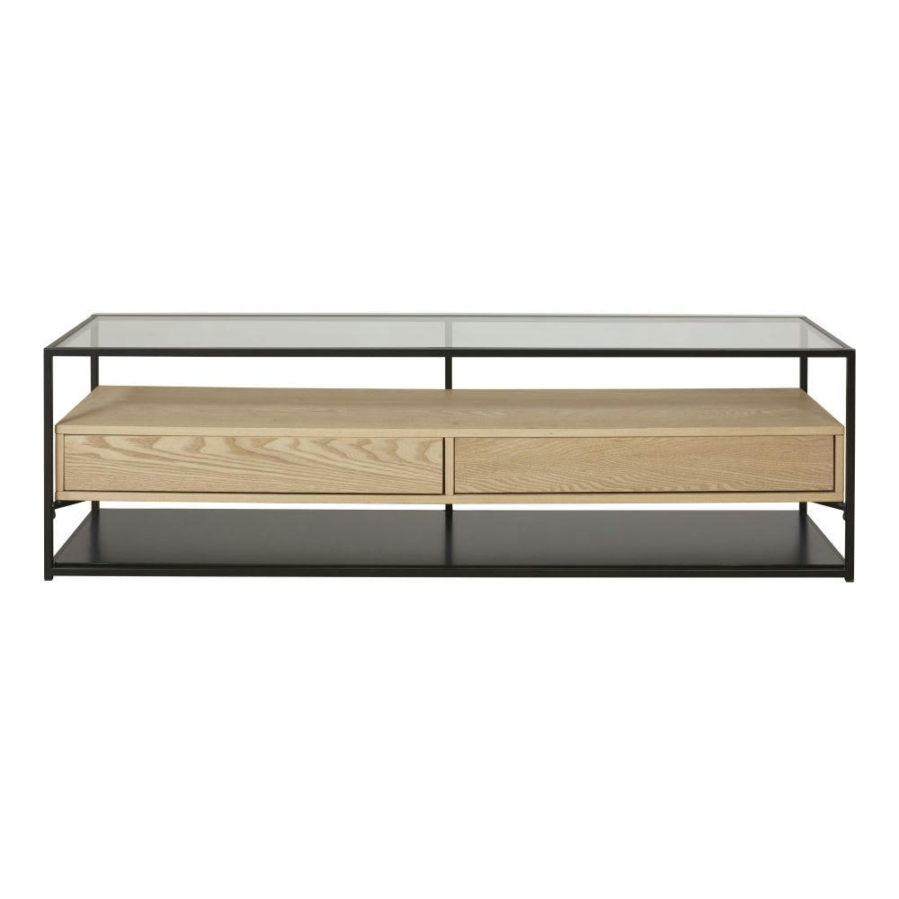 Raven - Meuble TV 2 tiroirs en métal noir et verre trempé