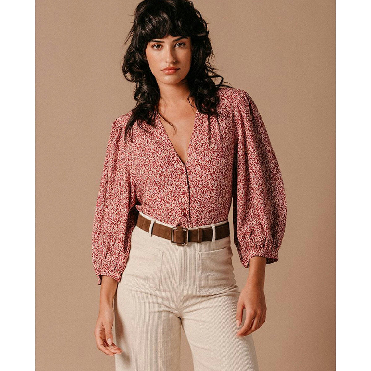 Blouse  Lavande boutonnée manche 3/4 bouffante