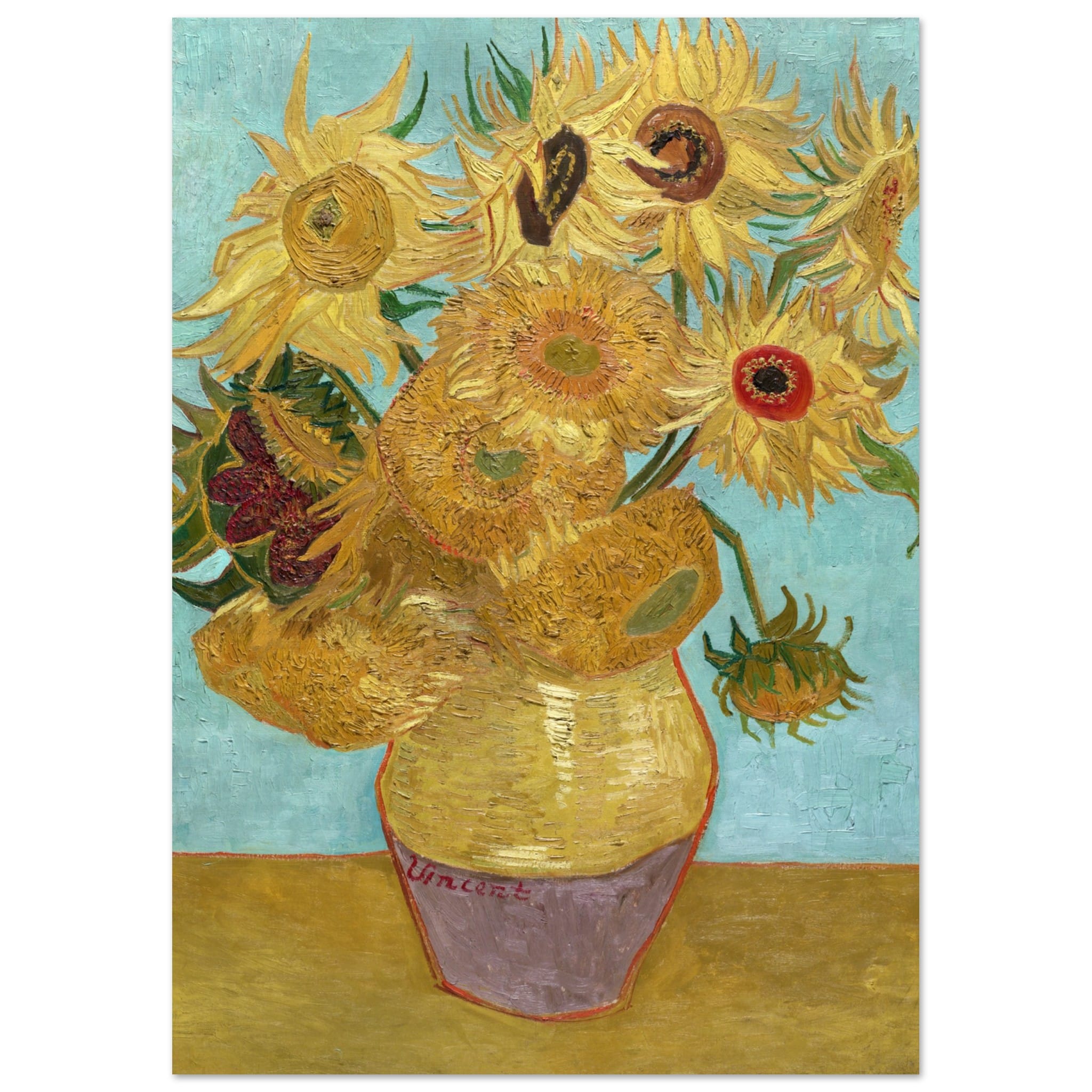 Poster Vincent van Gogh - Vaas met twaalf zonnebloemen  - A4 21x29.7 cm - Blauw