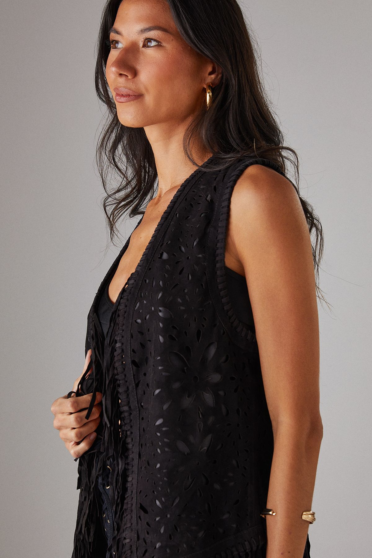 Warehouse Real Suede Fringed Waistcoat