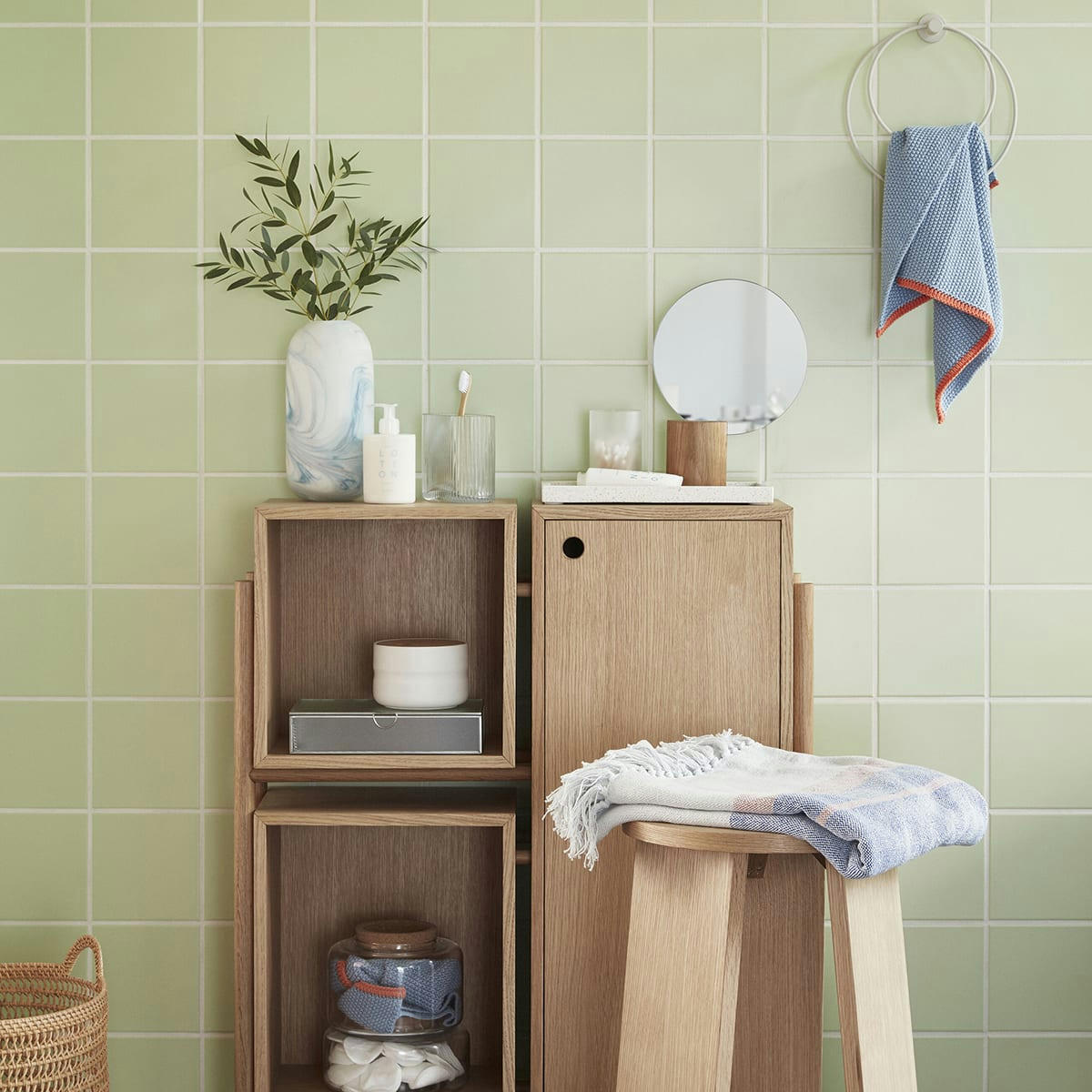 SHELL - Plaid en coton beige bleu et rose 140x200cm