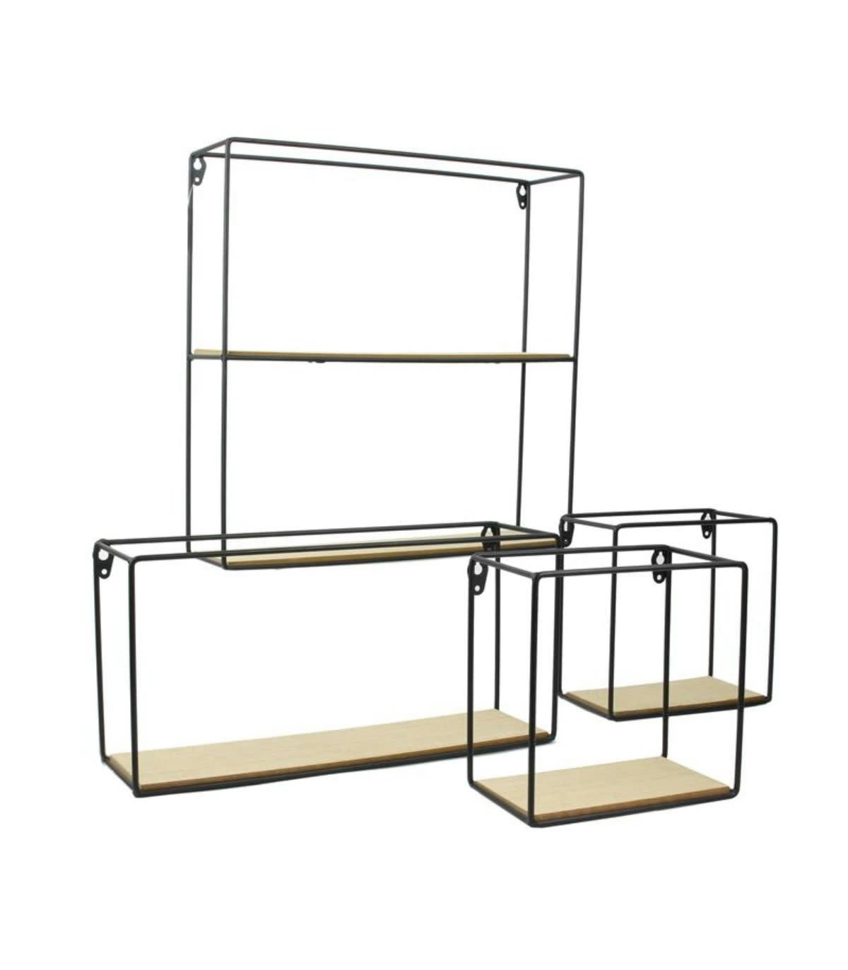 - 4 Étagères murales en métal et plateaux en bois - Beige et noir