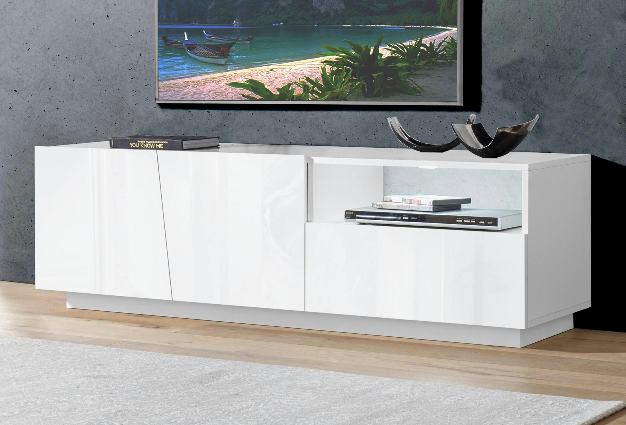 - Meuble tv de salon effet bois blanc brillant