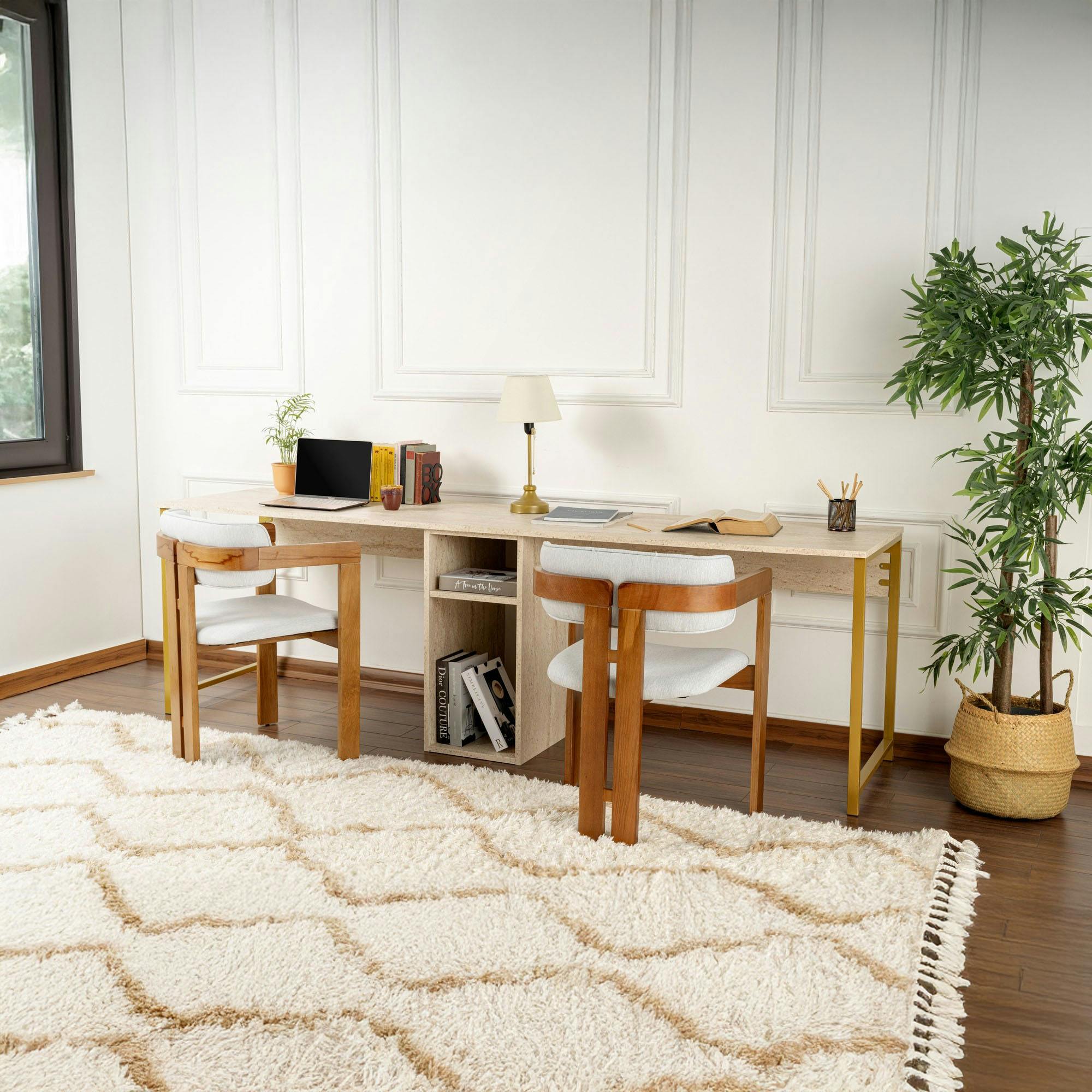 Bureau double avec rangement central - plateau effet travertin MARFA