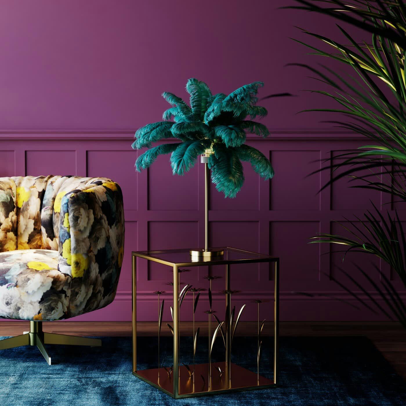 PLUMES - Lampe en plumes vertes et acier doré