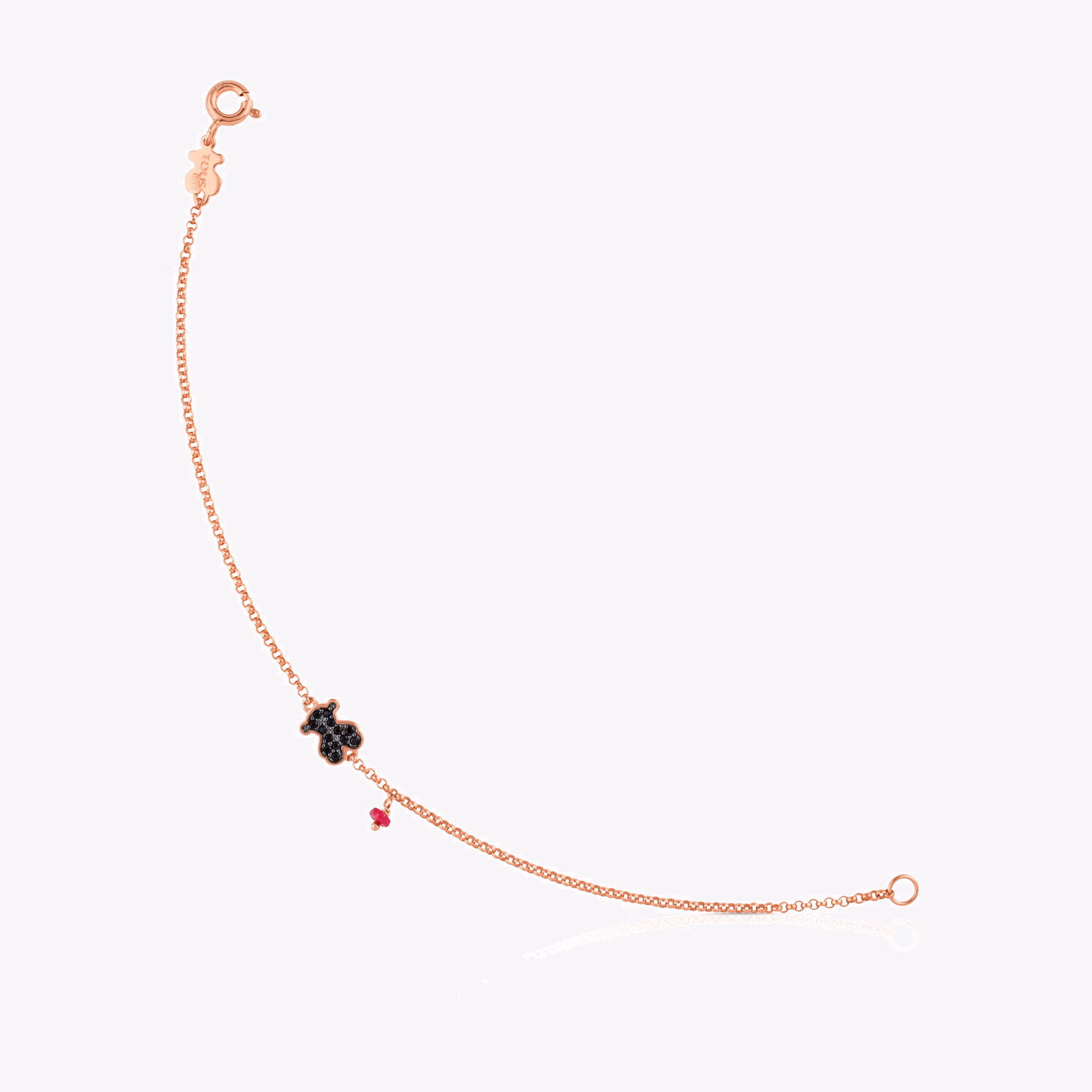 Pulsera con baño de oro rosa 18 kt sobre plata, espinela y rubí tratado motivo oso Motif