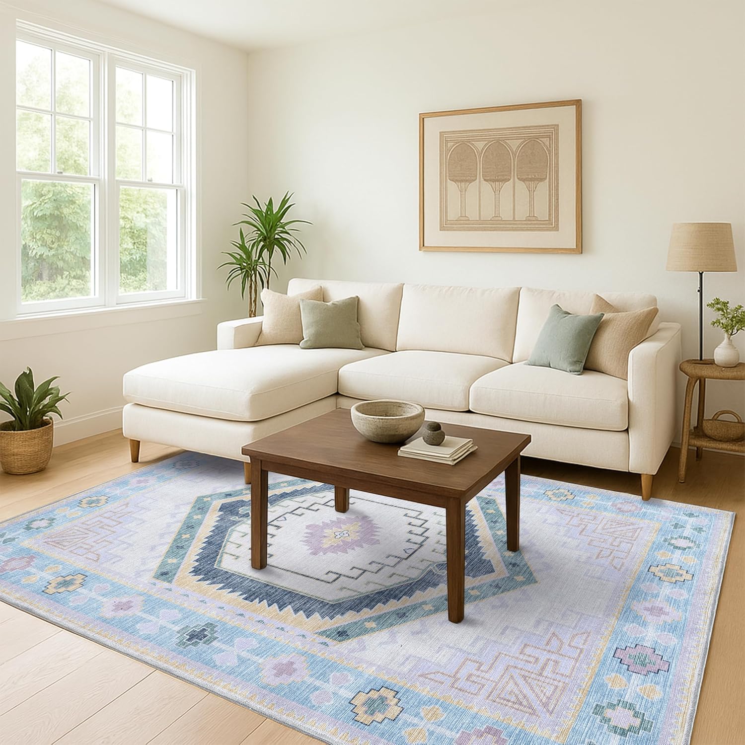 Fame Living Washable Area Rug. Modern Farmhouse. Vintage. Turkish. Bohemian. Distressed. Oriental. Traditional. Rugs for Living Room. Dining. Bedroom. Office. Entryway. Foyer. (856PBl, 9'5 x 14')