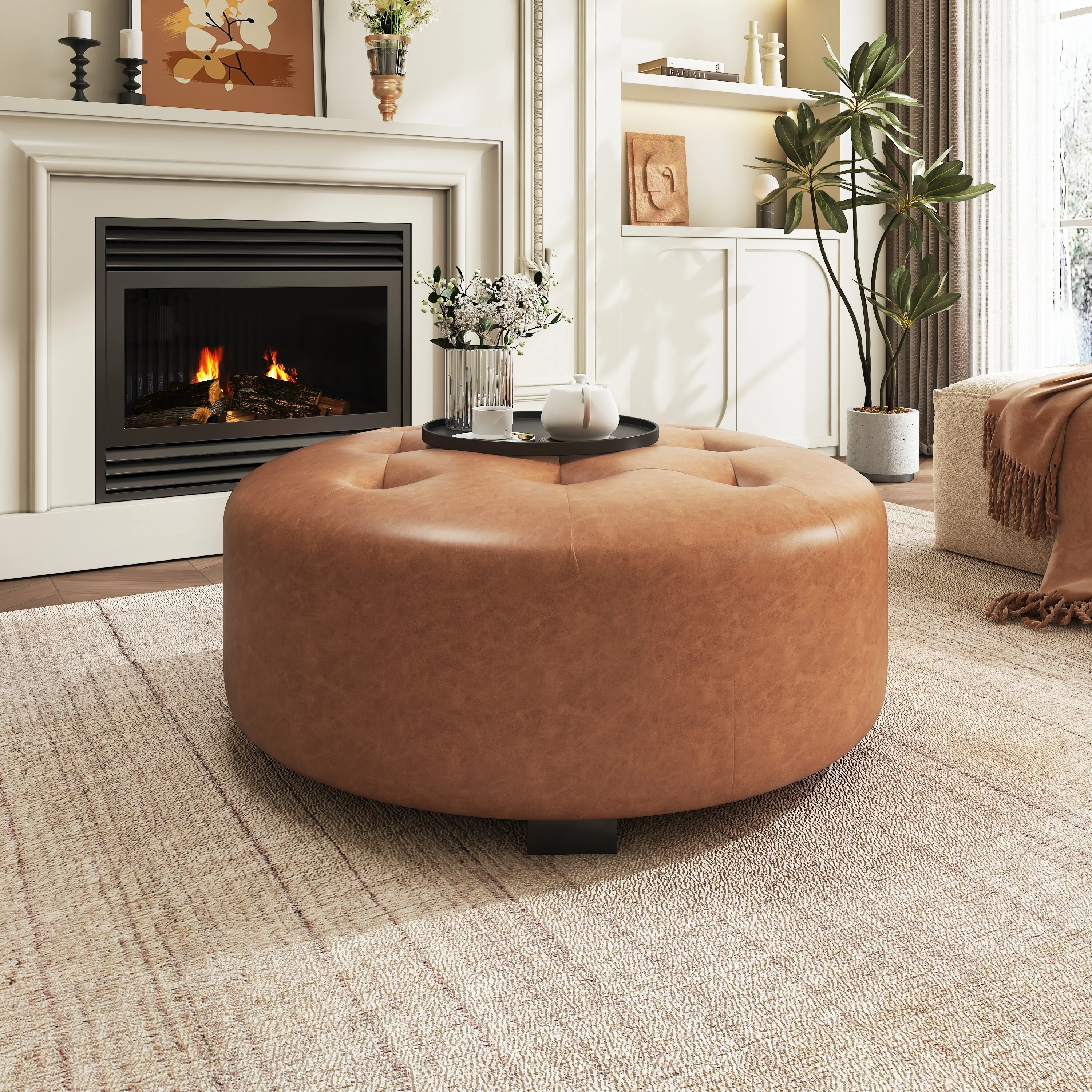 Christopher Knight Home PU Leather Button Tufted Round Ottoman