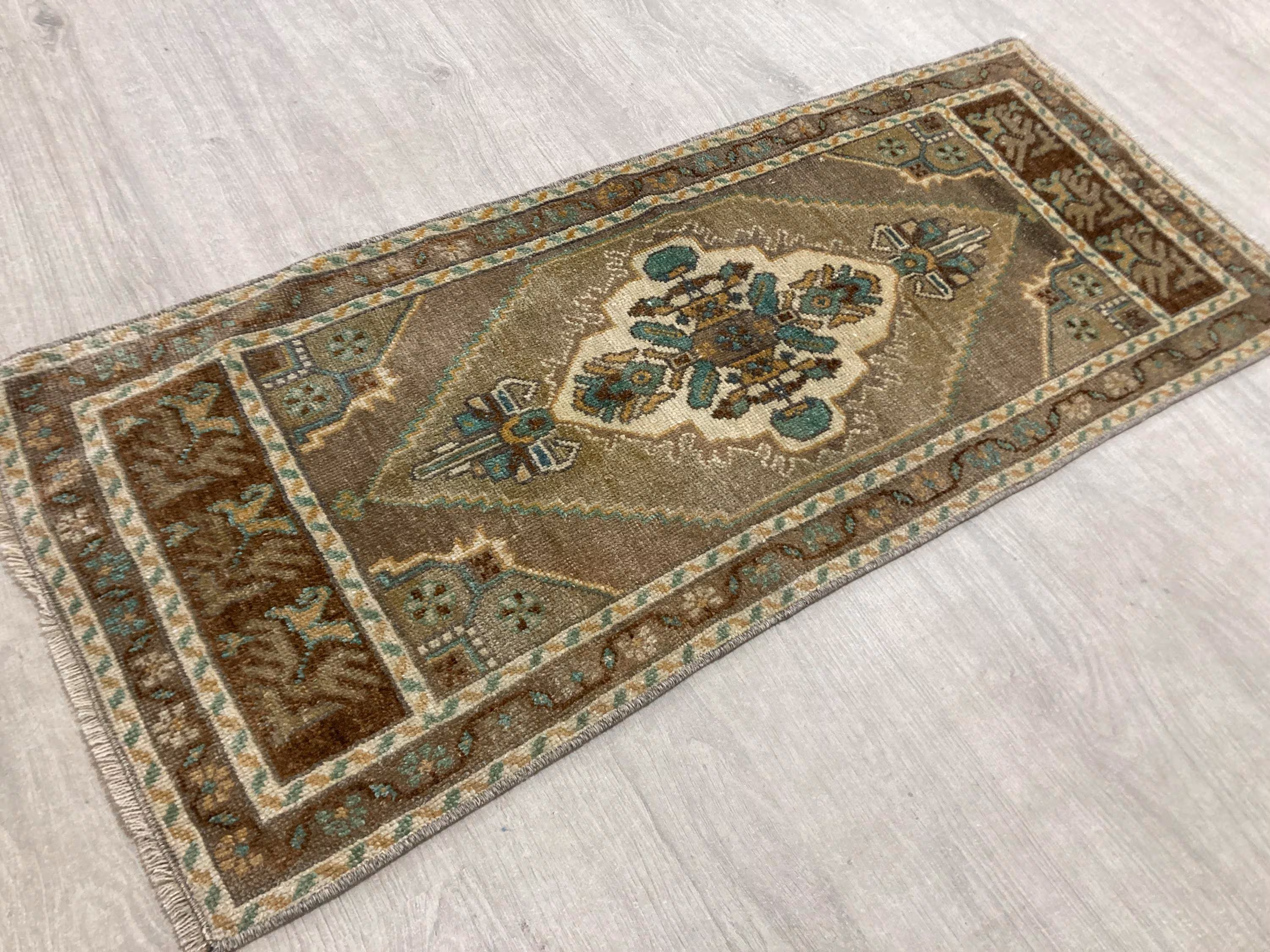 1.5x3.6 Ft Brown Vintage Turkish Rug, Small Door Mat, Handwoven Wool Rug, Antique Entryway Carpet, Neutral Boho Decor