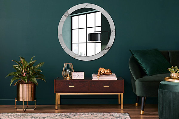 Miroir Rond Cadre Imprimé Design Wallfluent fi90 cm Marbre Blanc Tendance Boho Minimaliste Sans Joint