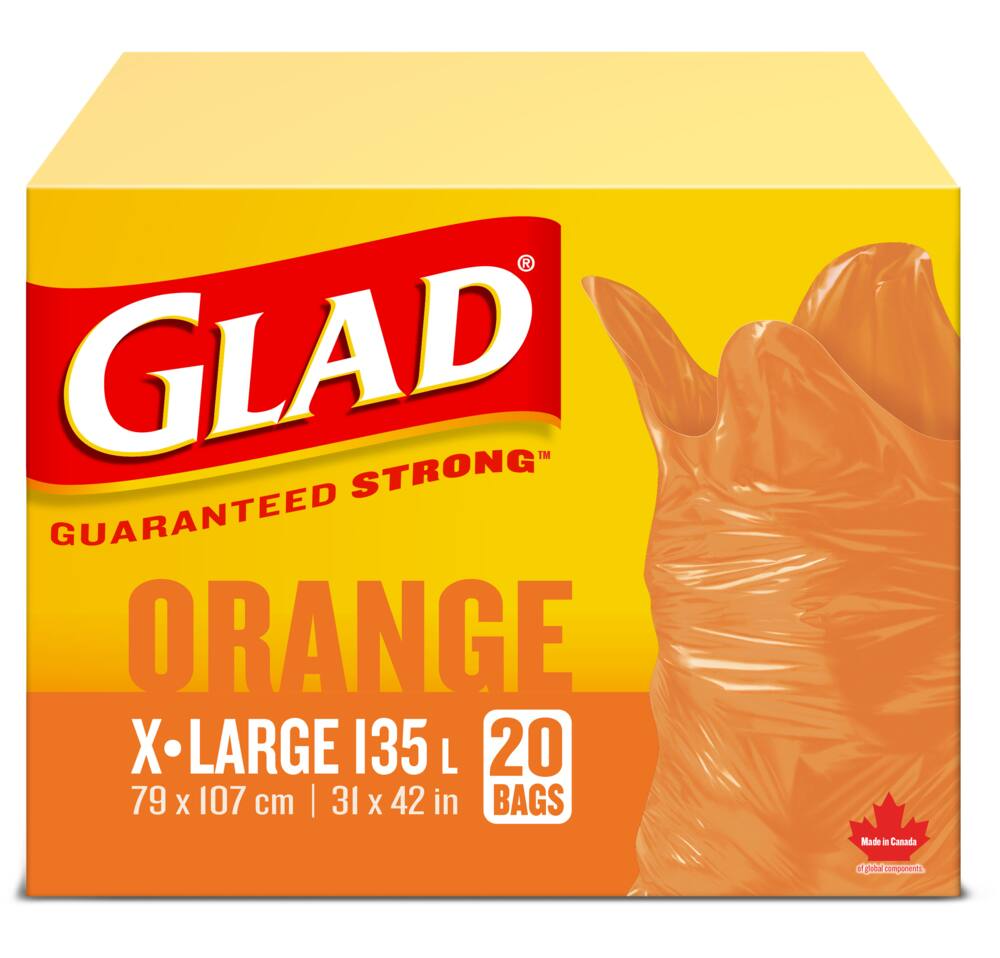 Glad Extra-Large Easy-Tie Flap Indoor/Outdoor Garbage Bags, 20-pk, Orange, 135-L