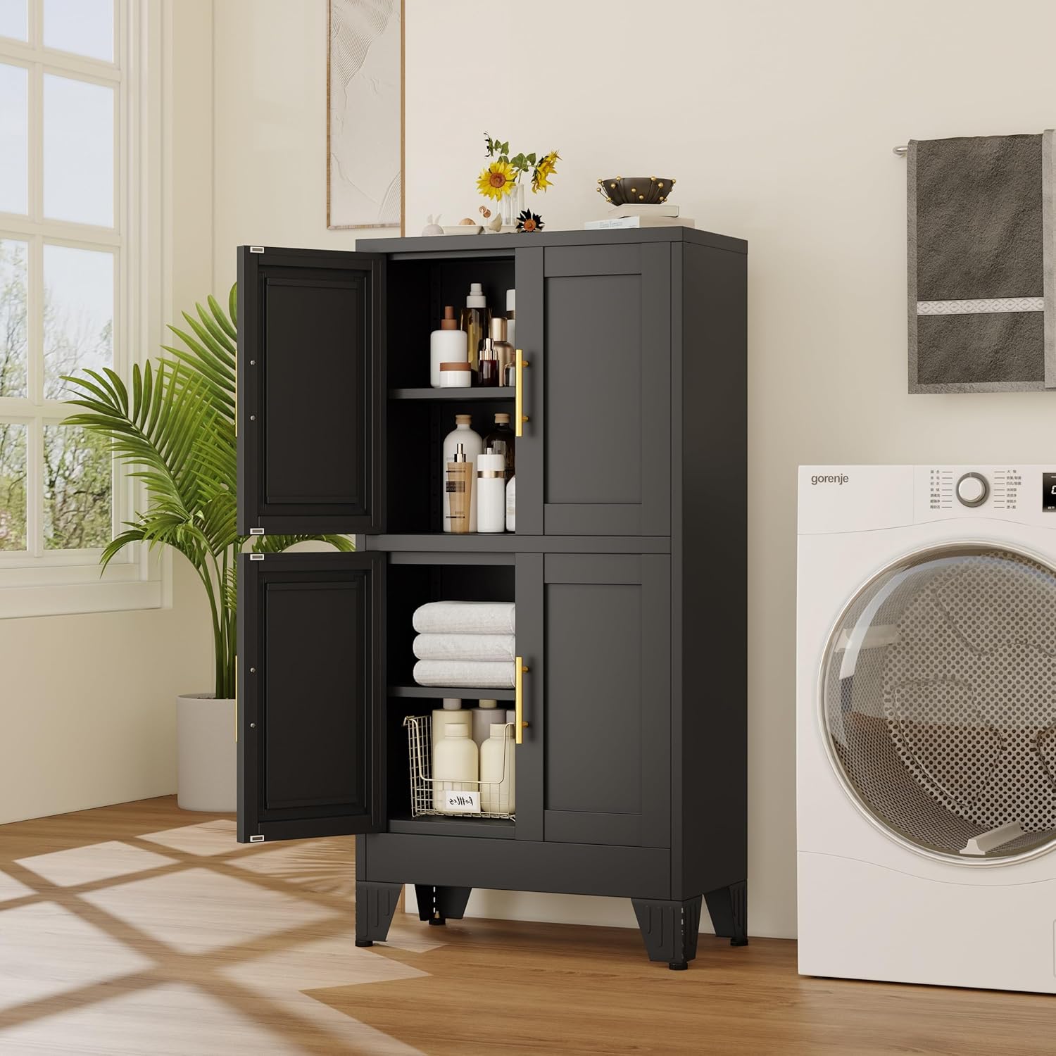 47“H Black Metal Bathroom Storage Cabinet, Kitchen Pantry Cabinet with Doors and 3 Adjustable Shelves, Bathroom cabinets Organizer, for Home Office, Bedroom