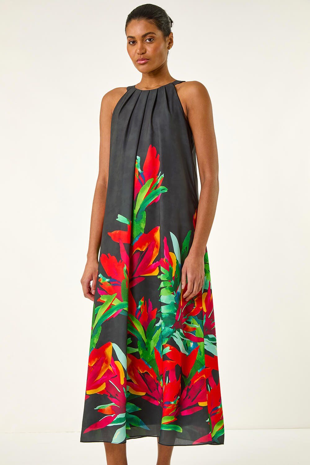 Roman Floral Watercolour Motif Midi Dress
