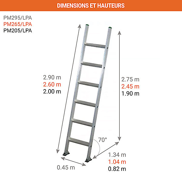 Echelle simple 9 marches - Hauteur à franchir 2.75m - PM295/LPA