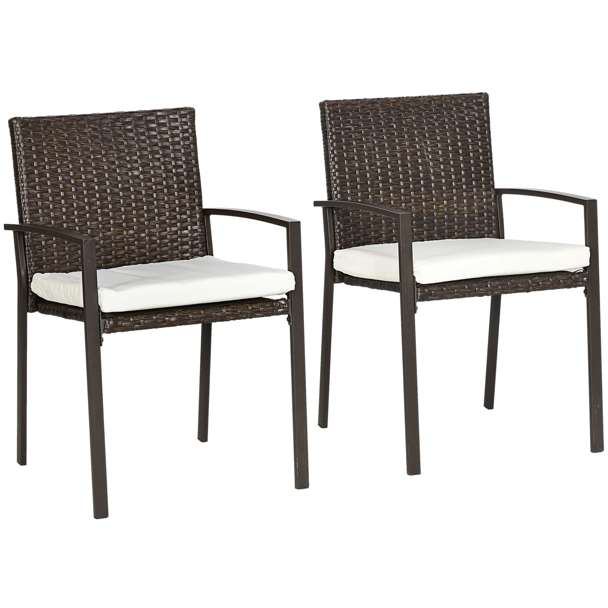 Outsunny 2 Piece PE Rattan Outdoor Dining Chairs with Cushion, Patio Wicker Dining Chair Set with Backrest, Armrests for Patio