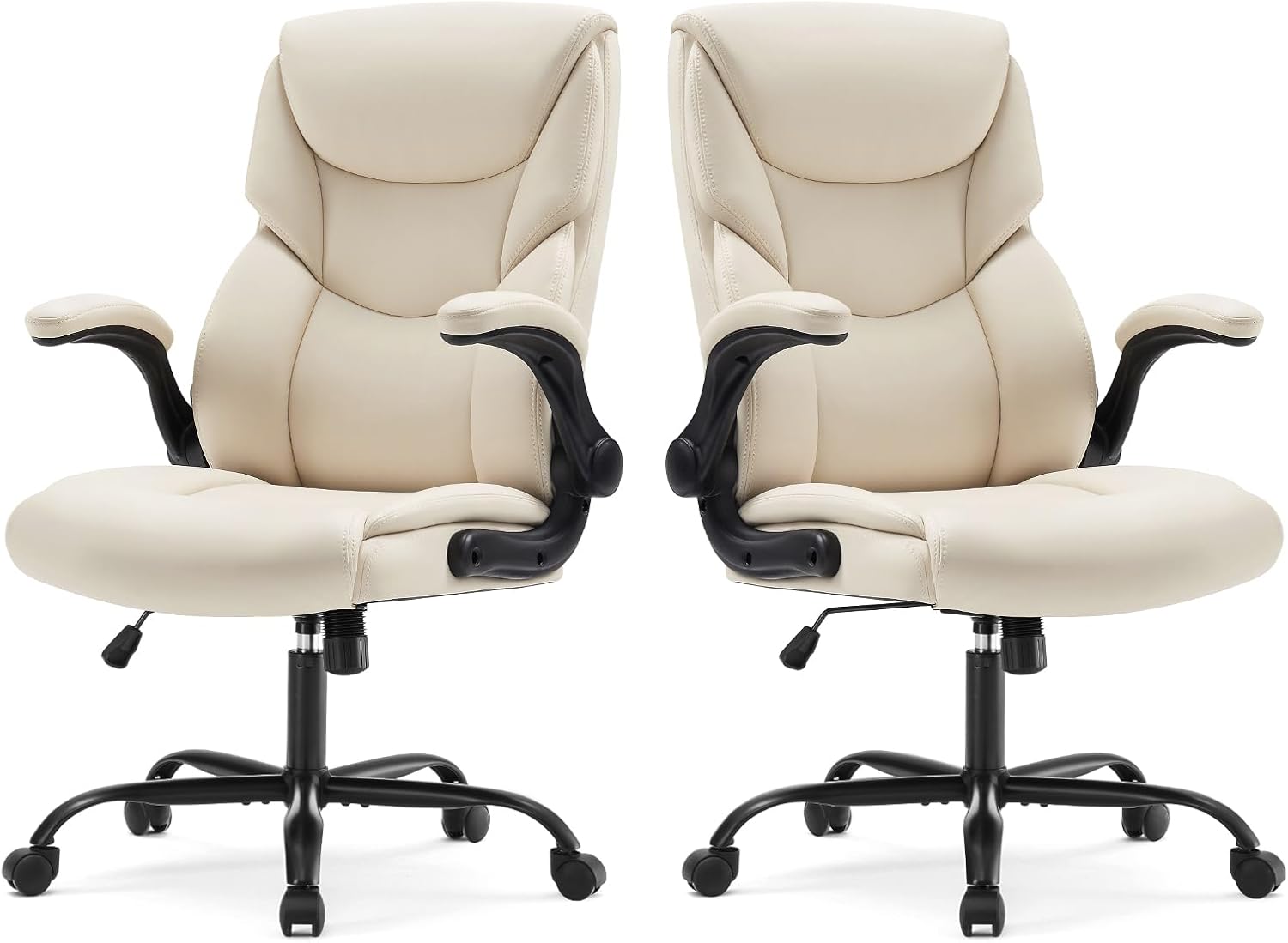 Sweetcrispy Ergonomic Computer Gaming Office Chair Set of 2, Heavy Duty Task Desk Swivel Rolling Chairs with Wheels, Flip-up Arms, Adjustable Height, PU Leather,Cream White