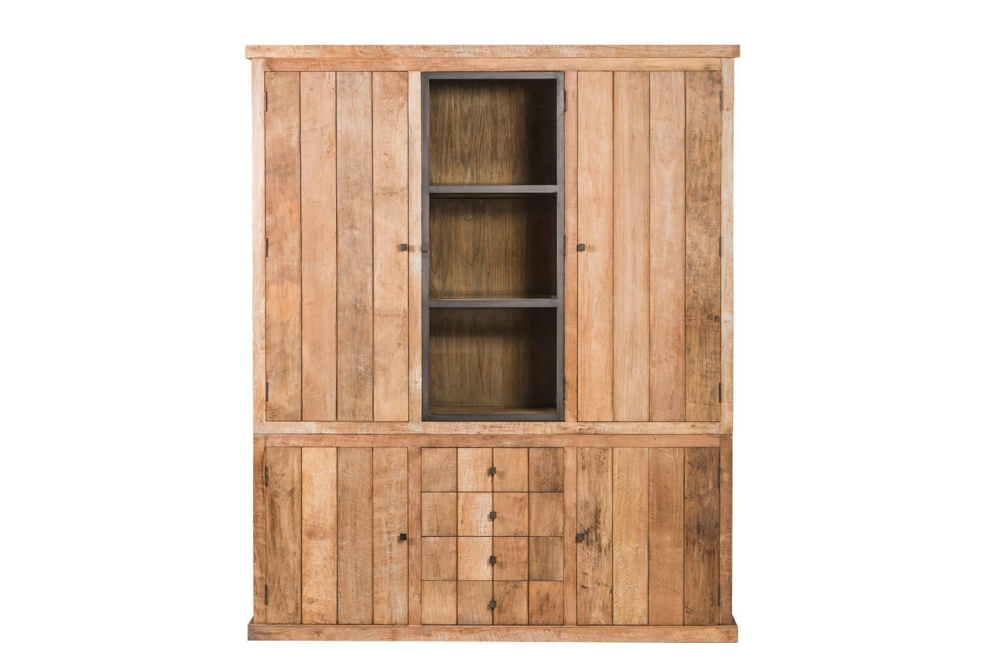 LINAS - Buffet vaisselier en bois recyclé 3 portes 4 tiroirs éclairage LED