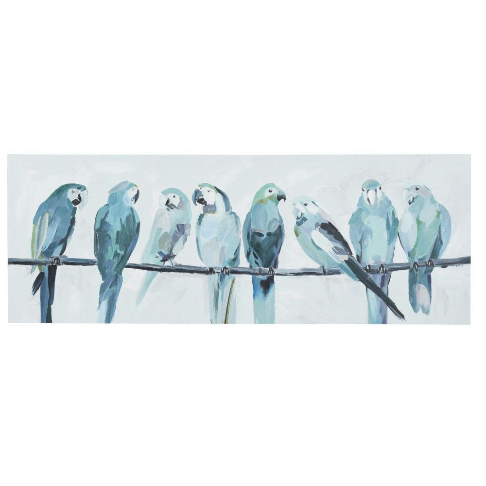 VERDIER - Toile peinte perroquets bleu clair, blancs et gris 150x55