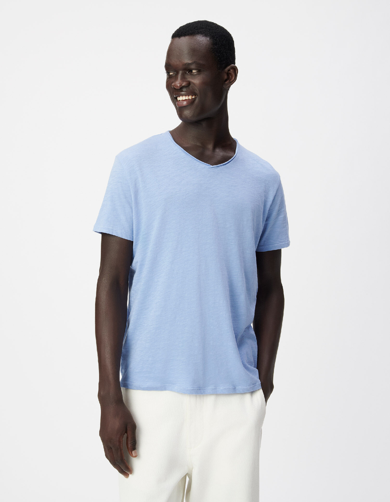 T-shirt encolure V bleu coton bio flammé Homme