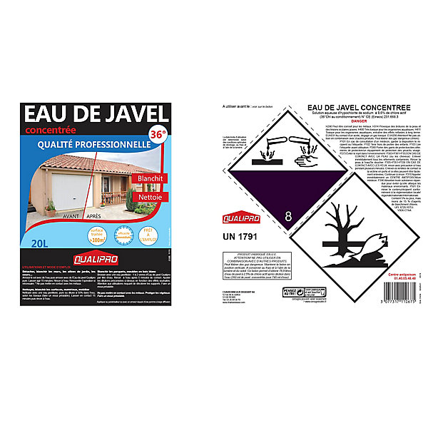 Eau de javel concentrée qualité professionnelle 9,6% 36° 20L Qualipro