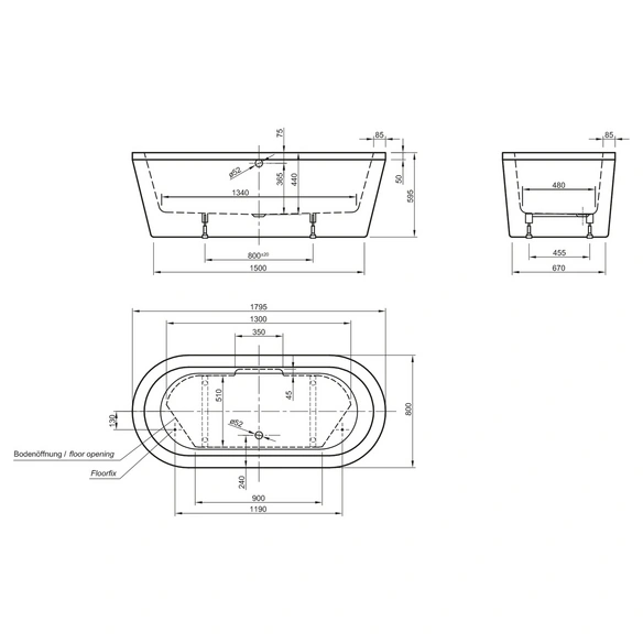 Badewanne »Flora«, BxHxL: 80 x 44 x 180 cm, oval