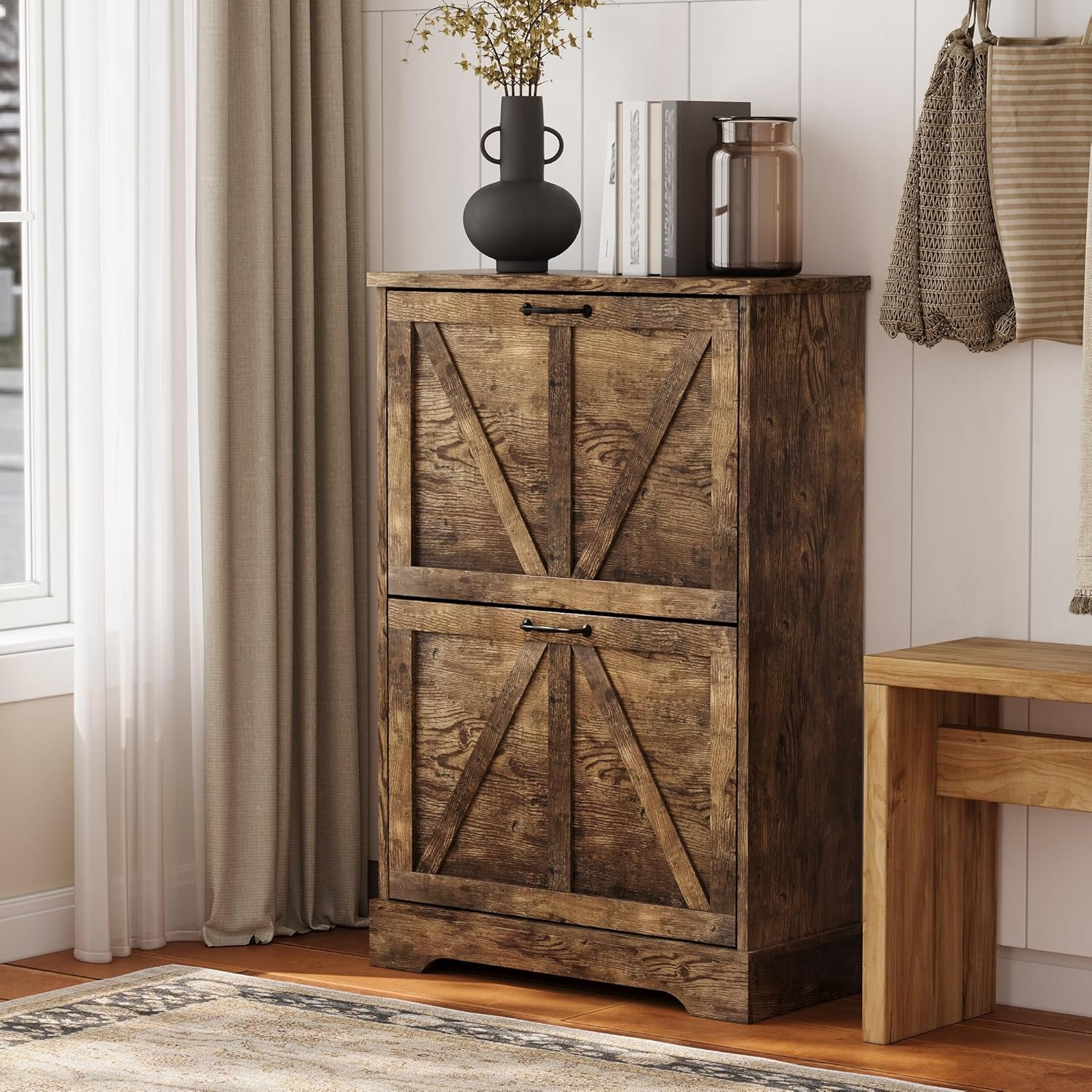 Semiocthome Farmhouse Shoe Storage Cabinet with 2 Flip Drawers, 23.6(W) Freestanding Shoe Organizer with Barn Door and Metal Handles for Entryway, Corner Narrow Shoe Rack Cabinet - Rustic Brown
