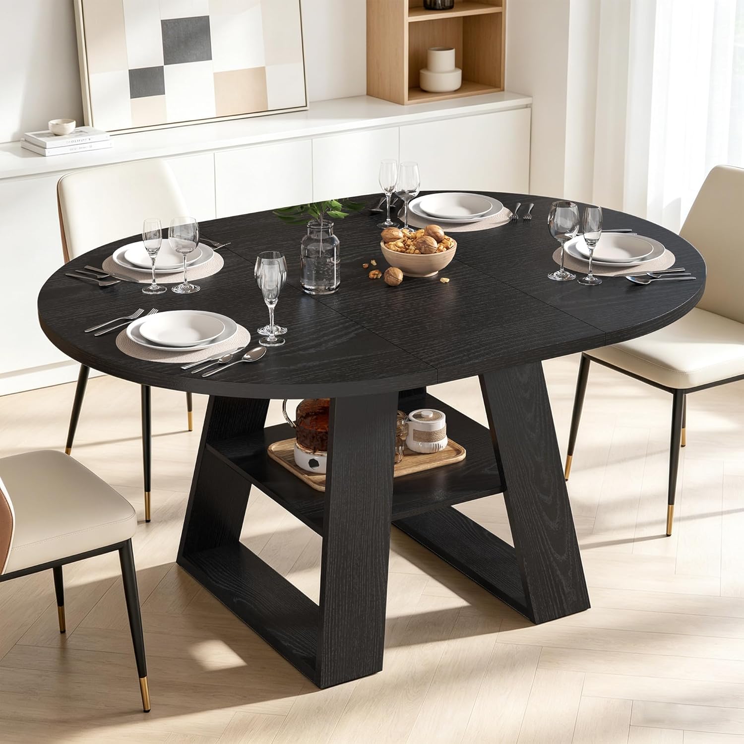 43.3in-59in Extendable Round Dining Table for 2-8,Modern Kitchen Oval Dining Table with Removable Leaves Space Saving,Wood Base with Storage Shelf for Kitchen Living Room (Black Style 2)