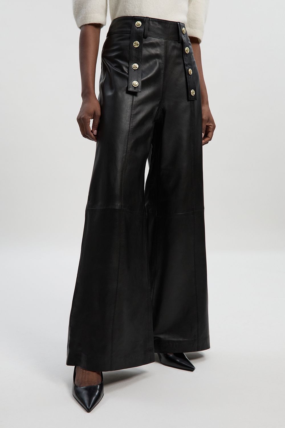 KarenMillen Leather Military Button Wide Leg Trouser