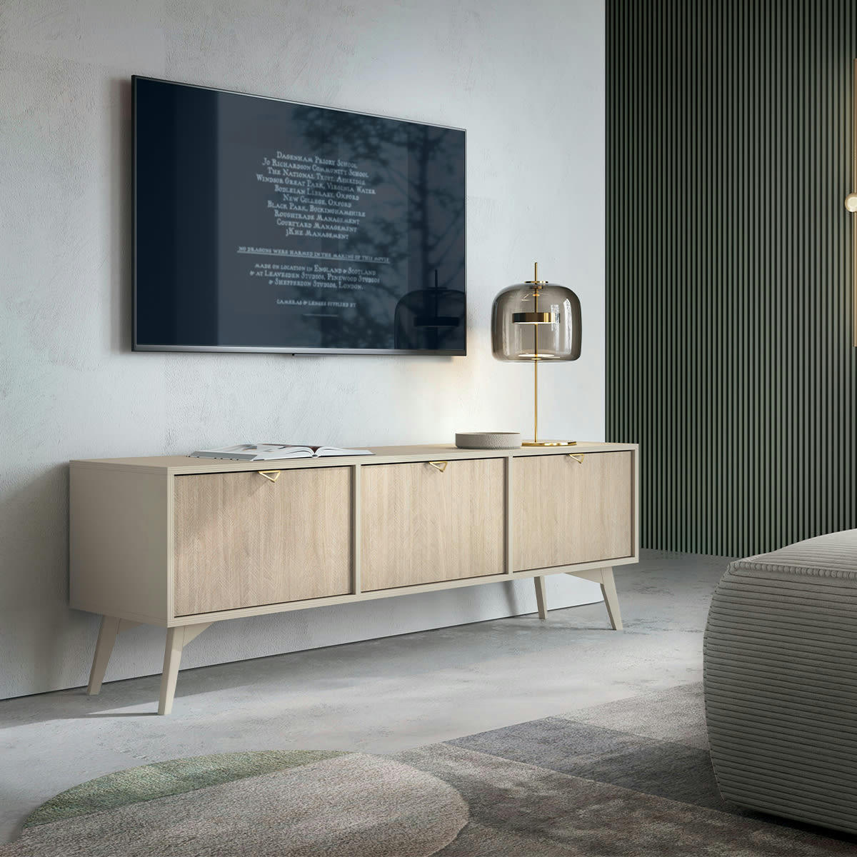 - Meuble tv 3 portes beige et naturel