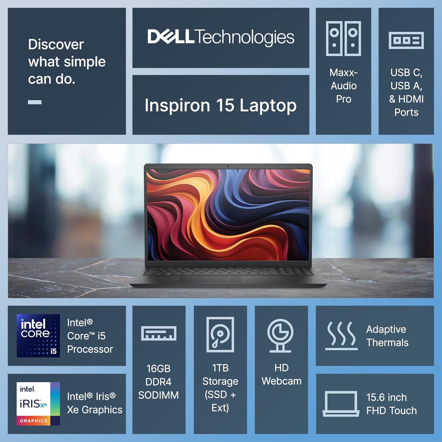 Dell Inspiron 15 Touchscreen Laptop for 2025-2026 Business Student Home  AI Computer  15.6 FHD  10-Core Intel i5  16GB RAM  1TB Storage (512GB SSD+500GB Ext) MarxsolAddon  Win 11 Pro  Lifetime Office