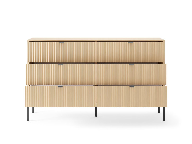 Komoda Ryflowana NOVA 154 cm – 6 Szuflad, Dąb Vicenza na Czarnym Stelażu