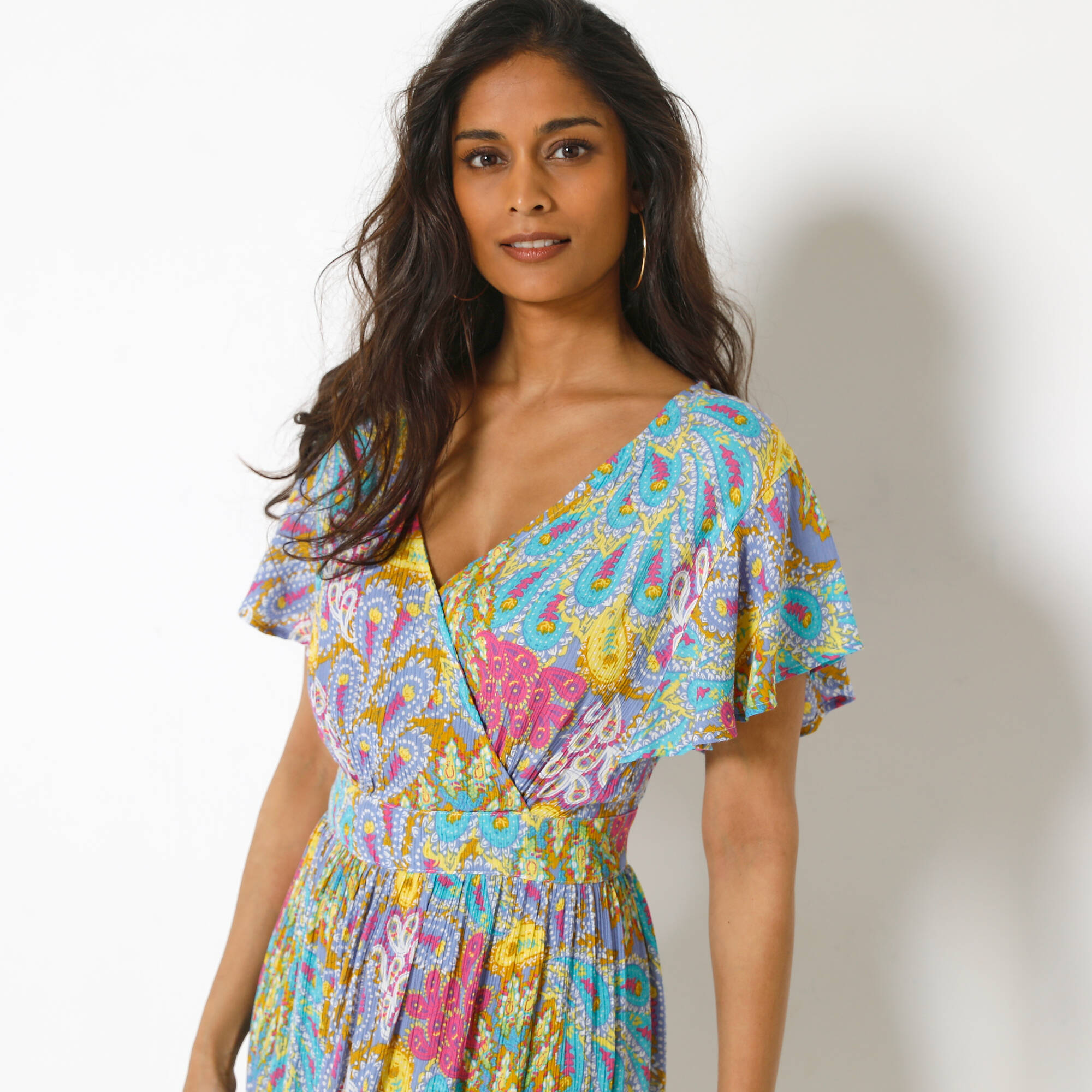 Robe volantée cache-coeur imprimée, crépon