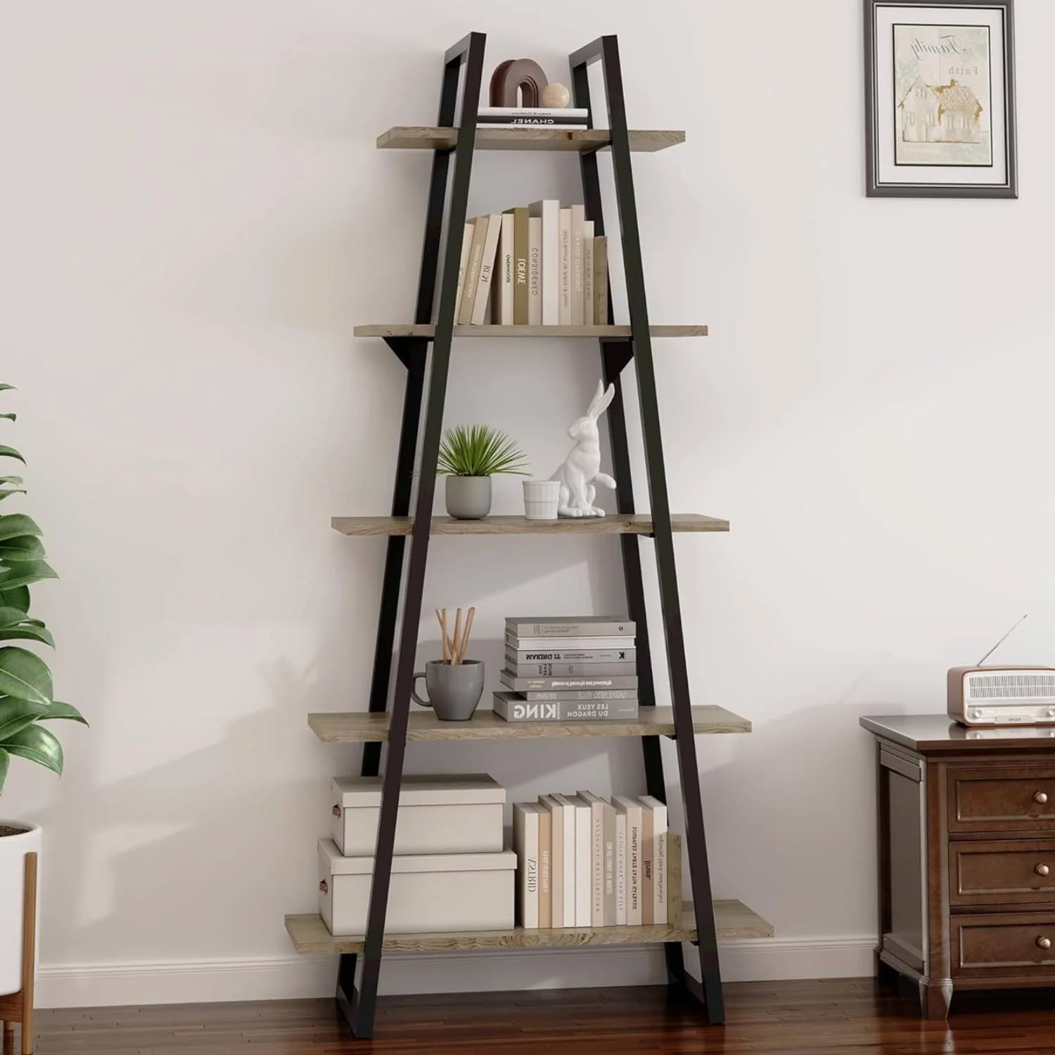 Rustic 5 Tier Ladder Bookcase with Display Shelves - N/A