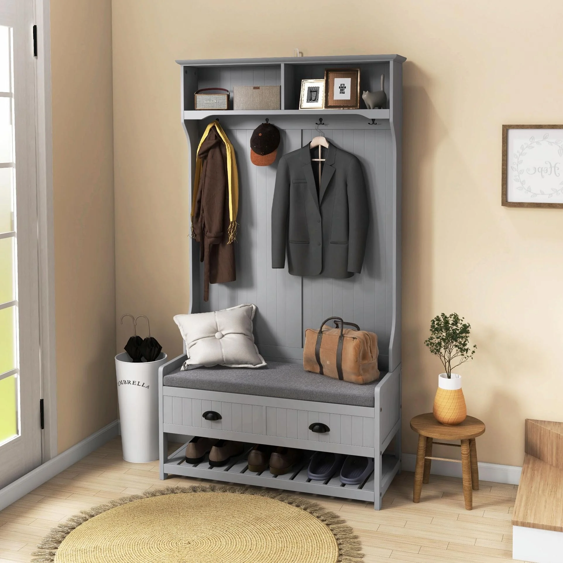 Entryway Bench with Coat Rack & Shoe Storage