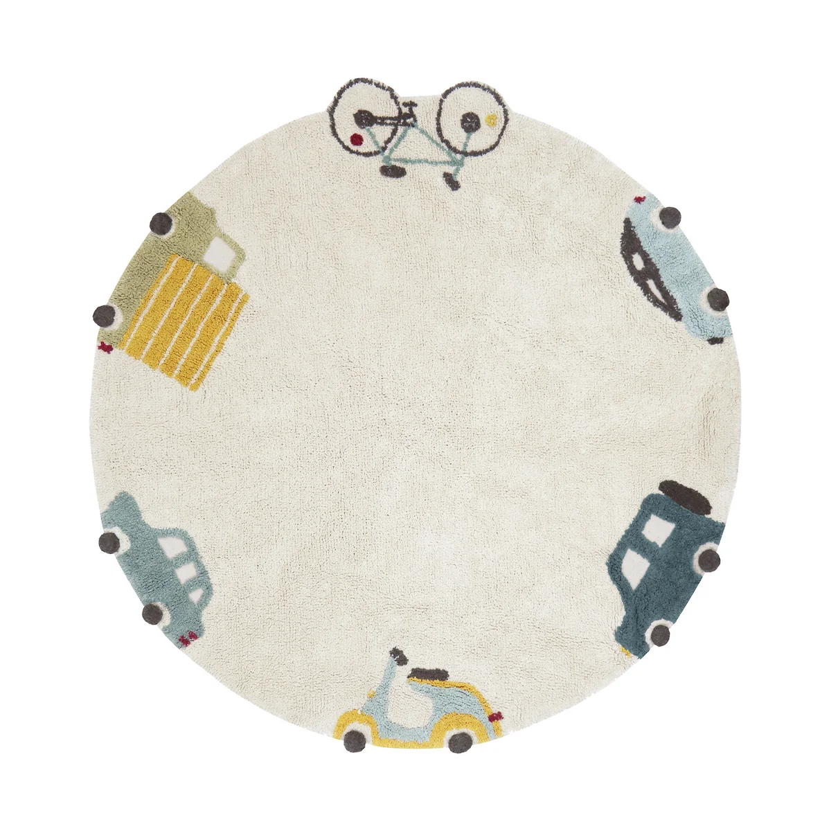 Lorena Canals - Wheels Teppich, Ø 140 cm, natur / blau