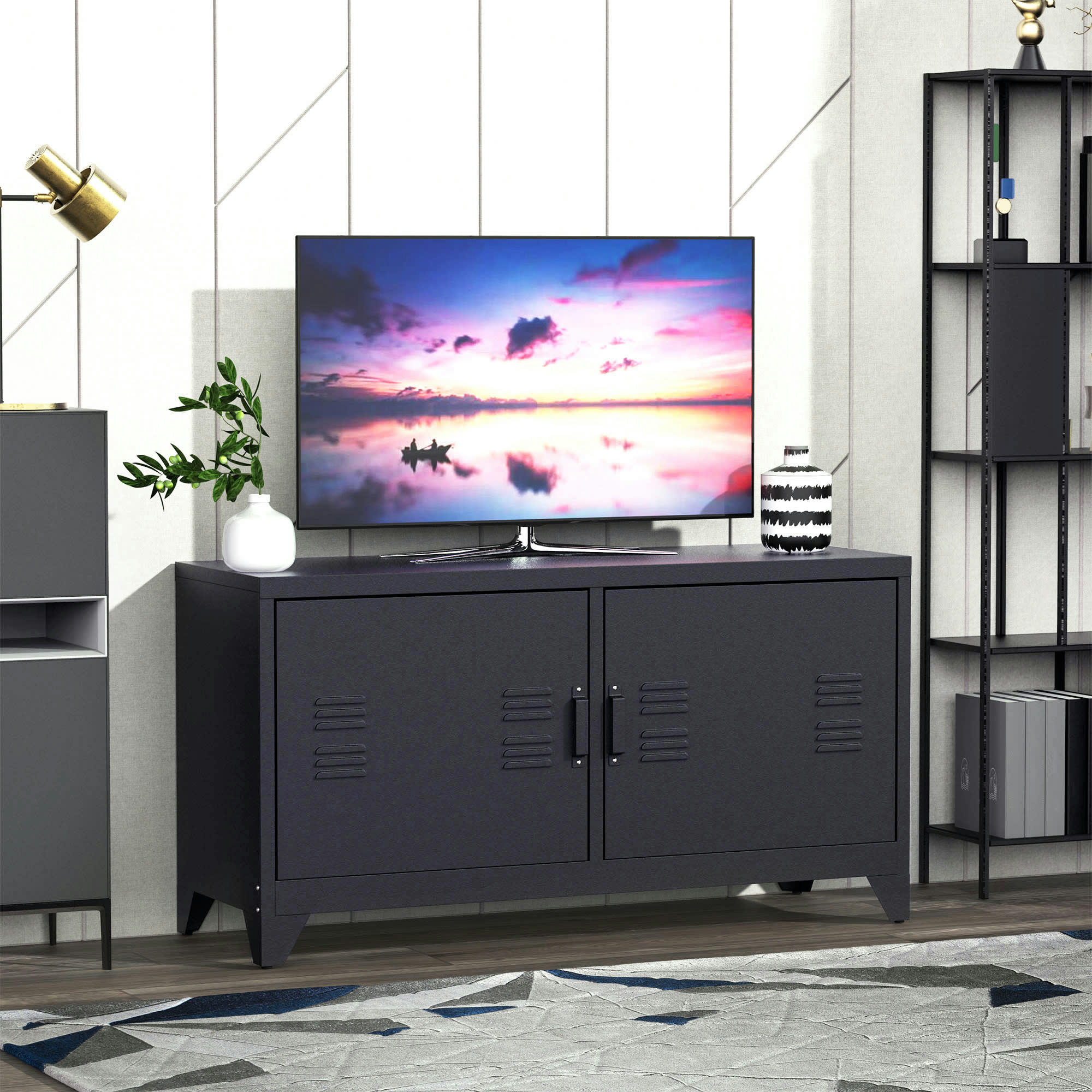 - Meuble TV design industriel - 2 placards, 2 étagères - tôle métal noir