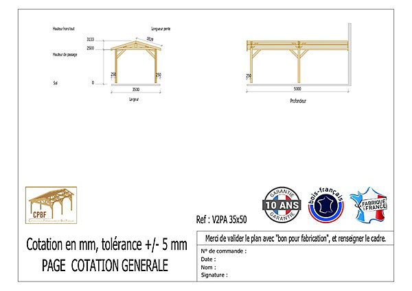Carport adossé deux pentes 350cmx550cm bois DOUGLAS Français (Charpente en bois-auvent-abri voiture) 20m². Garantie 10 ans