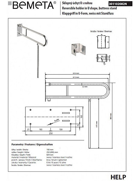 Barre d'appui relevable U 813 jambe d'appui HELP 10x25-80 x82,9 cm
