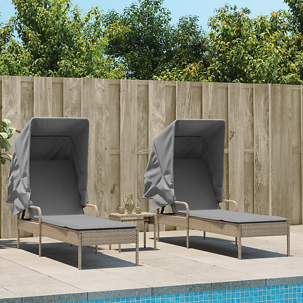 Chaises longues lot de 2 avec auvents et table beige poly rotin vidaXL