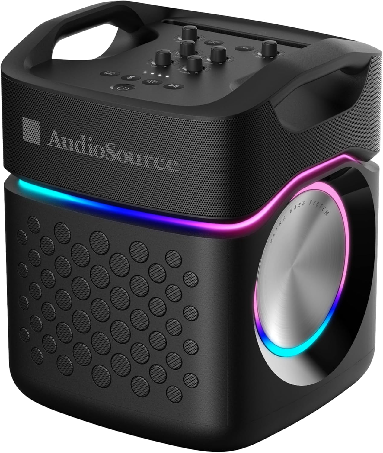 AudioSource Party Speaker w/Built-in Subwoofer, Passive Radiators, 160W, IPX5 Waterproof, RGB Light, Portable Outdoor Bluetooth Karaoke Speaker, Dual Mic Inputs, Ultra Bass Boost, Party Link Pairing