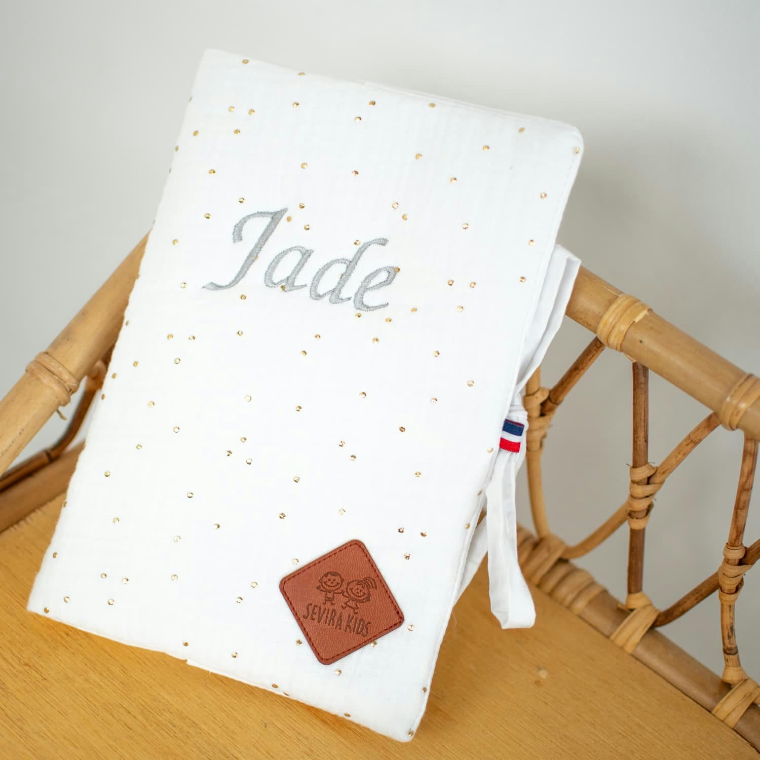 JEANNE - Protège carnet de santé en gaze de coton  Blanc à pois or