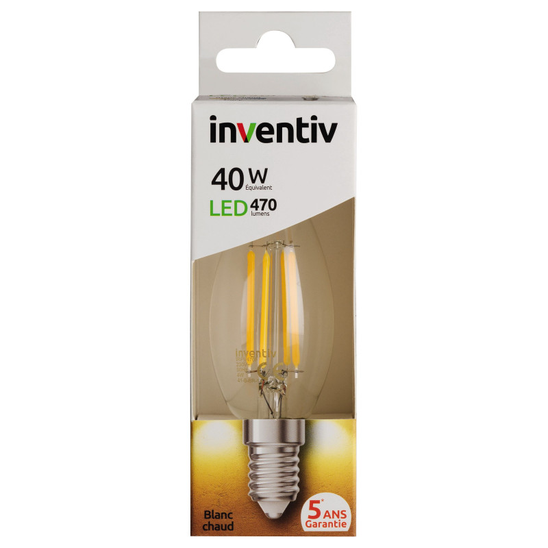 Ampoule à filament LED flamme E14 blanc chaud 4 W 470 lm INVENTIV