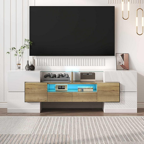 Buffet noir et bois avec 4 grands compartiments de rangement, vitrine avec verre et lumières LED,couloir et salle à manger