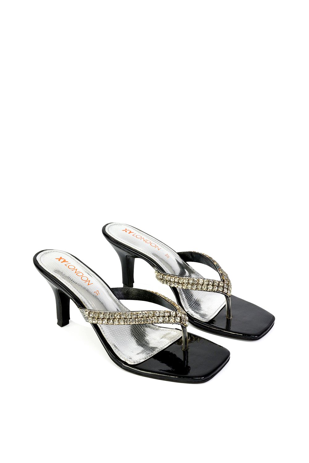 XY London Lynn' Embellished Diamante Kitten Heel Mule Sandals With Toe Thong