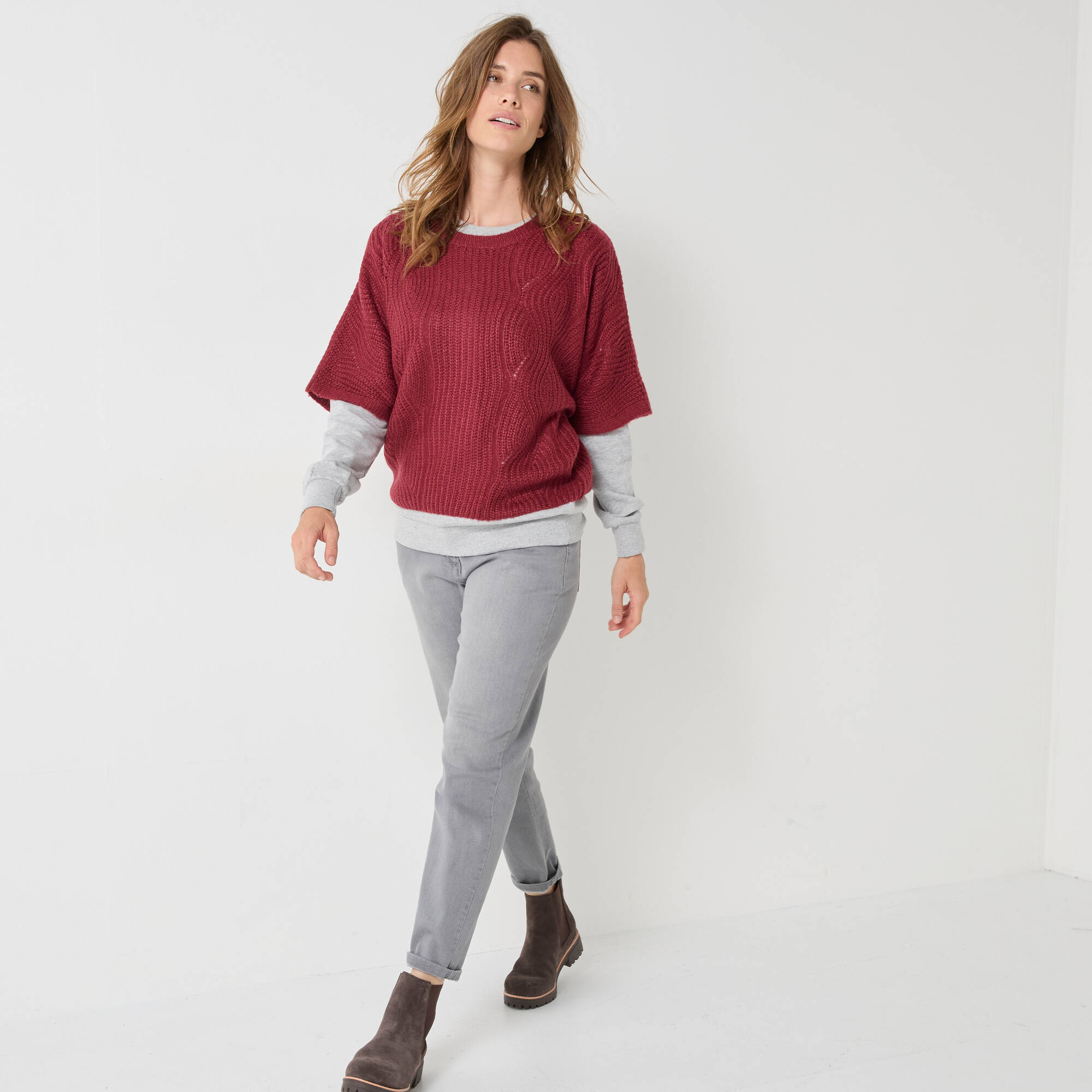 Pull poncho manches coudes, maille anglaise et torsades