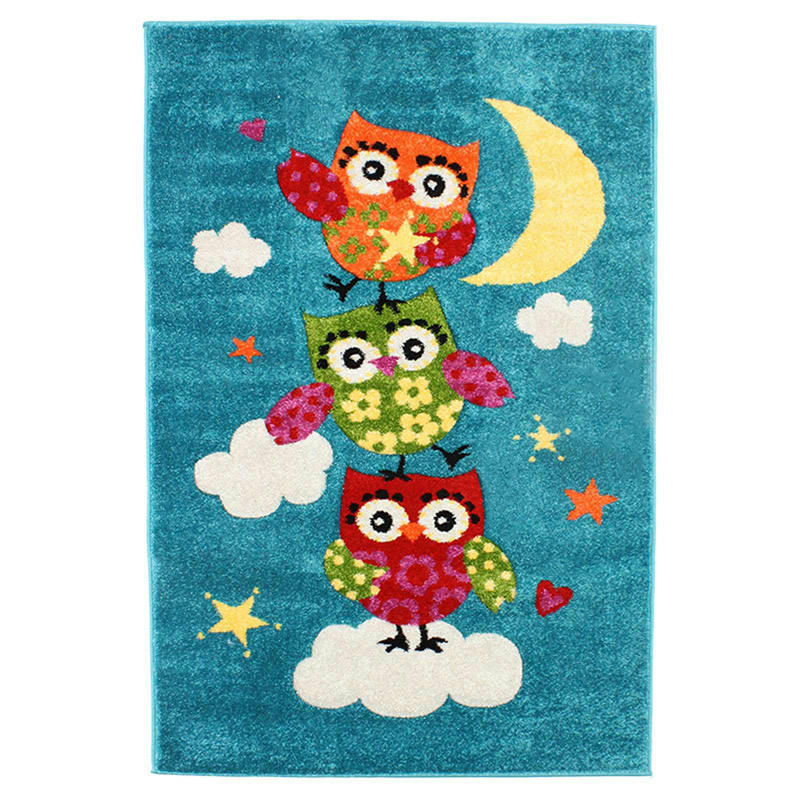 FUJI - Tapis toucher laineux trois petites chouettes bleu 100x150