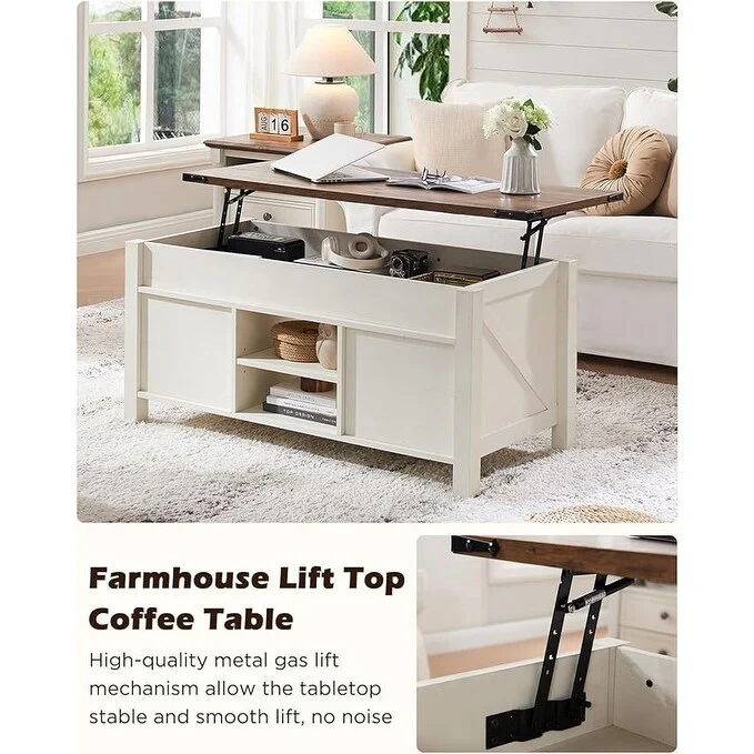 Farmhouse Lift Top Coffee Table, Rustic Center Table, Lifting Tabletop