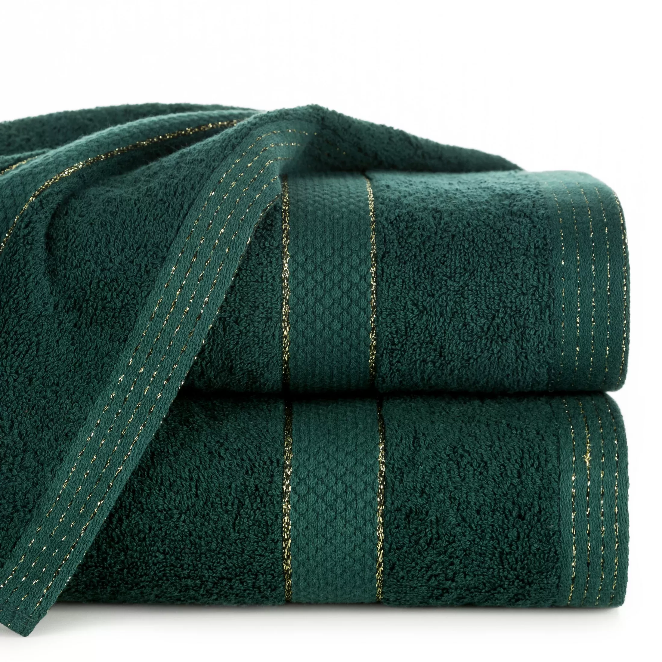 Ręcznik do rąk 30x50 cm bawełniany kolor butelkowy zielony z bordiurą w paseczki 500 g/m2 BARI