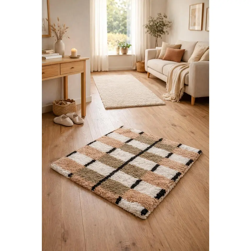 Rechthoekig katoenen tapijt met bruine en ecru motieven 90 x 60 cm