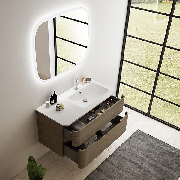 Ensemble salle de bains L. 104 cm meuble sous vasque décor noyer   plan vasque à droite blanc mat Alba